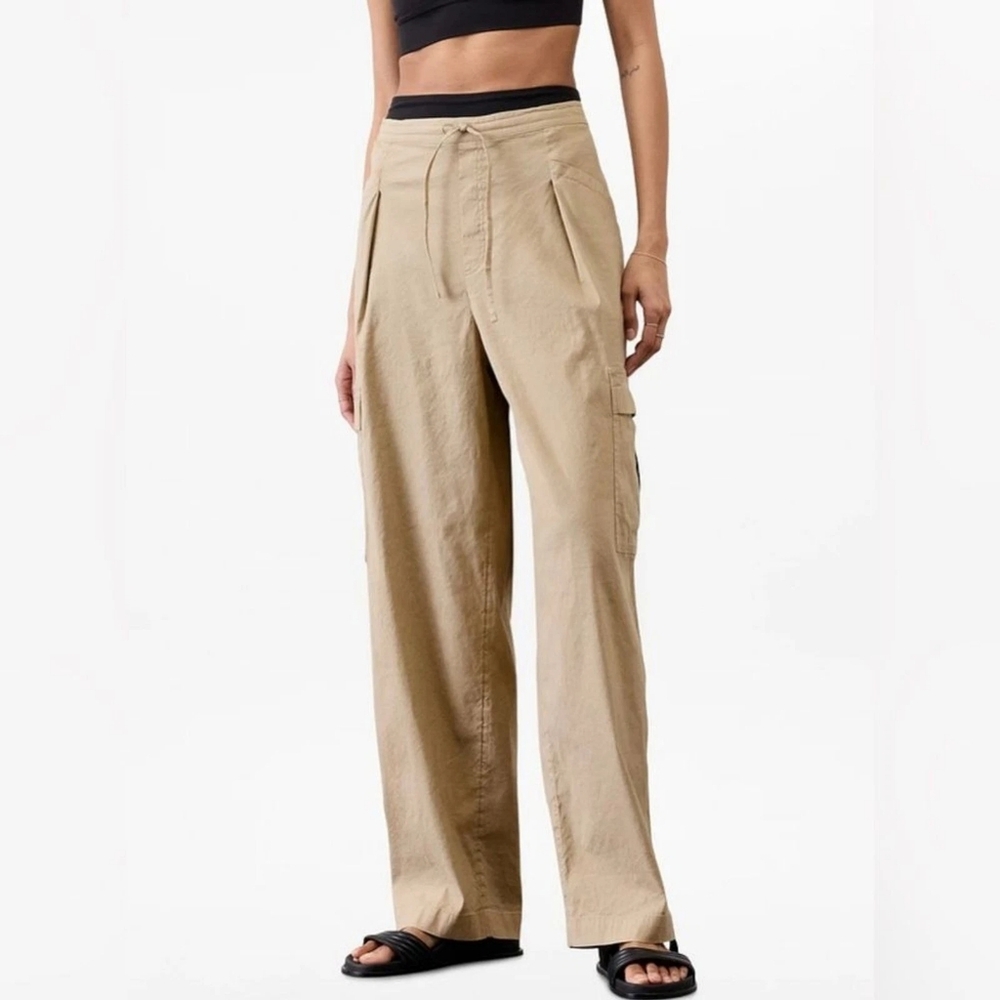 Athleta Beige Wide-Leg Cargo Pants with Drawstring Waist